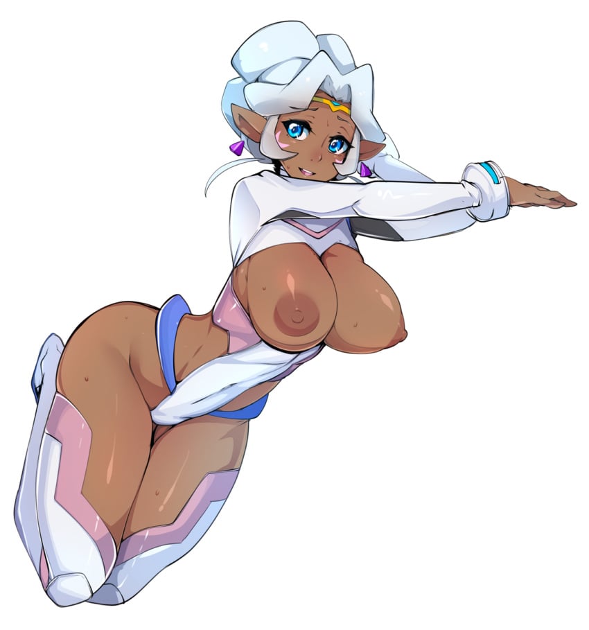 1girls altean big_breasts blue_eyes breasts breasts_out dark-skinned_female female female_only hand_between_legs large_breasts nipples pointy_ears princess_allura slugbox solo voltron voltron:_legendary_defender white_background white_hair