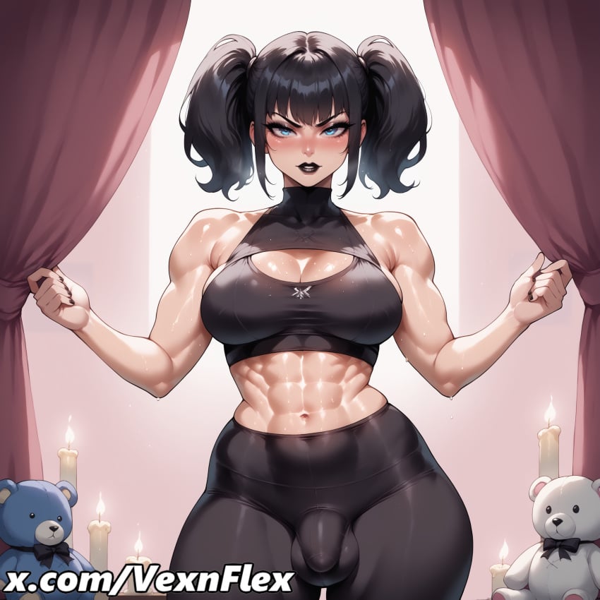 abs ai_generated bangs black_hair black_lips blue_eyes blush breasts bulge candle cleavage cleavage_cutout clothing_cutout curtains female futanari goth goth_girl gothic hi_res high_resolution intersex large_breasts lipstick looking_at_viewer makeup muscular muscular_female navel short_hair solo stuffed_animal stuffed_toy teddy_bear twintails vexnflex violet_(vexnflex) watermark web_address yoga_pants
