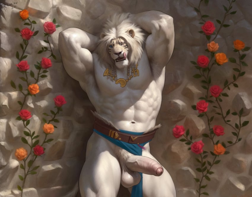 abs aduran ajani_goldmane anthro balls biceps bottomwear bottomwear_aside clothing clothing_aside digital_drawing_(artwork) digital_media_(artwork) erection felid feline foreskin genitals glans hands_behind_head hasbro hi_res humanoid_genitalia humanoid_penis licking licking_lips loincloth loincloth_aside magic:_the_gathering male mammal muscular muscular_male navel penis solo standing tongue tongue_out wizards_of_the_coast