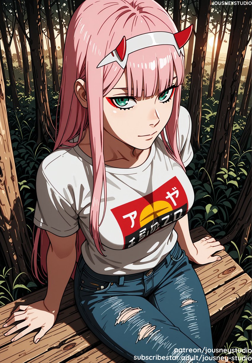 ai_generated aqua_eyes bangs bench blue_pants blunt_bangs blush breasts closed_mouth clothing darling_in_the_franxx day denim eyeshadow female female female_only forest grass green_eyes hairband headwear horns jeans jewelry jousneystudio large_breasts lips long_hair looking_at_viewer makeup medium_breasts nature outdoors pants pink_hair plant red_horns shirt short_sleeves sitting smile solo straight_hair t-shirt text torn_clothes torn_jeans torn_pants tree white_hairband white_shirt zero_two_(darling_in_the_franxx)
