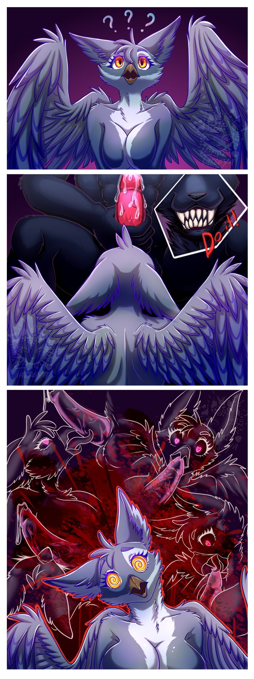 1:3 2025 3_panel_comic absurd_res animal_genitalia animal_humanoid animal_penis anthro artist_name avian avian_humanoid avian_tongue balls beak beak_fetish beak_play beak_sex beakjob big_balls big_breasts bird black_fur blood blood_splatter blue_theme bodily_fluids breast_play breasts brown_beak canid canine canine_genitalia canine_penis canis colored comic confusion dated digital_drawing_(artwork) digital_media_(artwork) duo english_text erection eyebrows fan_character feathers felid feline fellatio female female_penetrated fur fuzzy fuzzy_balls genitals grey_body grey_fur gryphon heart_eyes heart_symbol hi_res inner_ear_fluff knot knotted_penis leaking_precum licking long_ears lying_and_blow_position male male/female male_penetrating male_penetrating_female mammal muscular muscular_anthro muscular_male mythological_avian mythological_creature oral oral_penetration pattern_background penetration penile penis penis_between_breasts penis_lick pink_theme precum precum_on_penis purple_theme question_mark red_spots sex shaded sharp_teeth signature simple_background tasseya teeth text tongue tongue_out tuft url veiny_knot veiny_penis watermark white_body white_fur wings wolf yellow_eyes