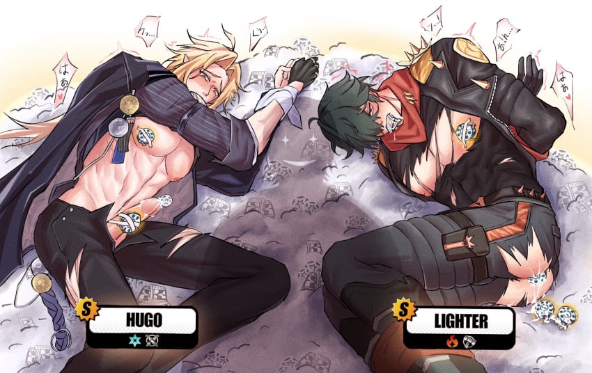 2boys anal_object_insertion ass ass blush blush erect_penis erection gay hugo_vlad lighter_(zenless_zone_zero) looking_at_viewer male male/male male_only penis penis_out ripped_clothing tied tied_hands tied_up yaoi zenless_zone_zero