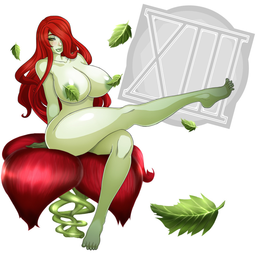 1:1 1girls 2d barefoot batman_(series) breasts cleavage dc dc_comics feet female female_only full-length_portrait full_length green-skinned_female green_skin highres huge_breasts large_breasts long_hair navel nipple_bulge nipples pamela_isley poison_ivy portrait red_hair solo standing tagme toes topless waifuholic yellow_eyes