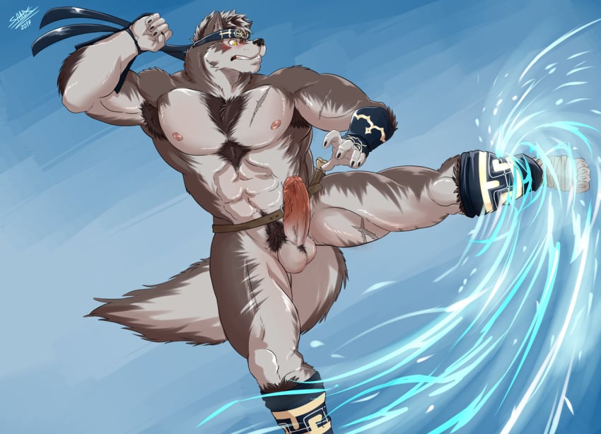 anthro armpit_hair armpits blush canine clothing erection horkeukamui loincloth male male_only mammal penis scar shade_the_wolf simple_background solo tokyo_afterschool_summoners wolf