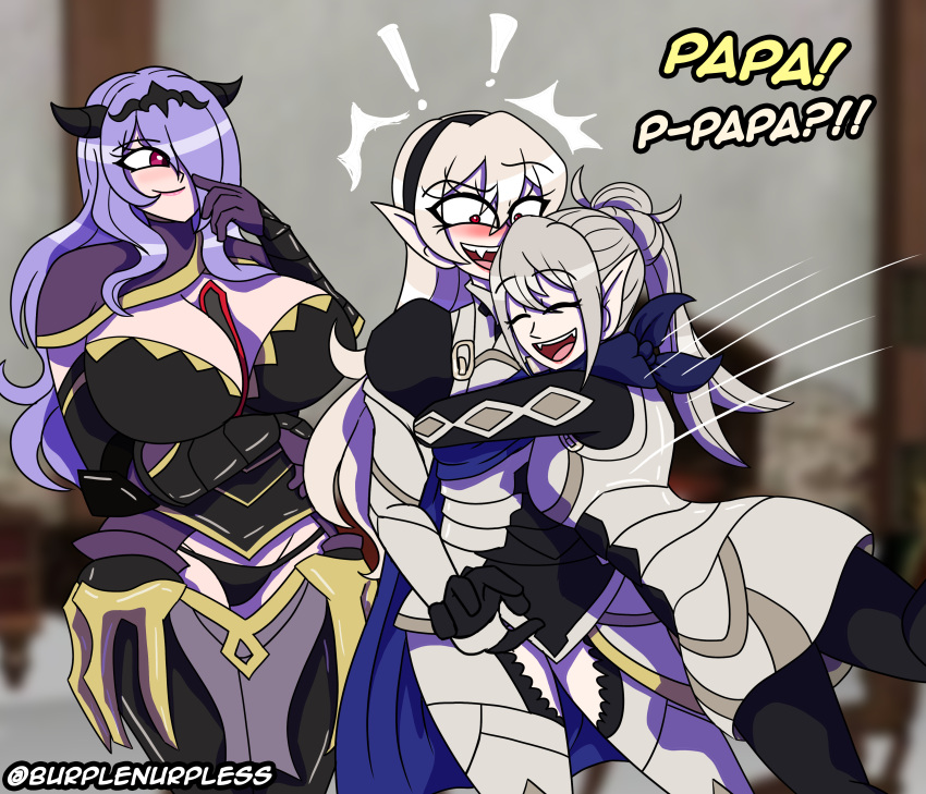 1futa 2girls alternate_hairstyle bare_thighs bedroom belt between_breasts black_panties blonde_hair blush boots breasts burplenurpless camilla_(fire_emblem) cleavage closed_eyes confusion corrin_(fire_emblem) corrin_(fire_emblem)_(female) curvy daughter dress fangs female fire_emblem fire_emblem_fates futanari gloves grey_hair hair_between_eyes hair_over_one_eye hairband horns hug huge_breasts indoors inner_thighs kana_(fire_emblem) kana_(fire_emblem)_(female) long_hair medium_breasts mother mother_and_daughter multiple_girls nervous nervous_smile nintendo older open_mouth panties pink_eyes pointy_ears ponytail purple_hair red_eyes scarf see-through smile thick_thighs thigh_boots thighs underwear veil very_long_hair voluptuous wavy_hair wide_eyed