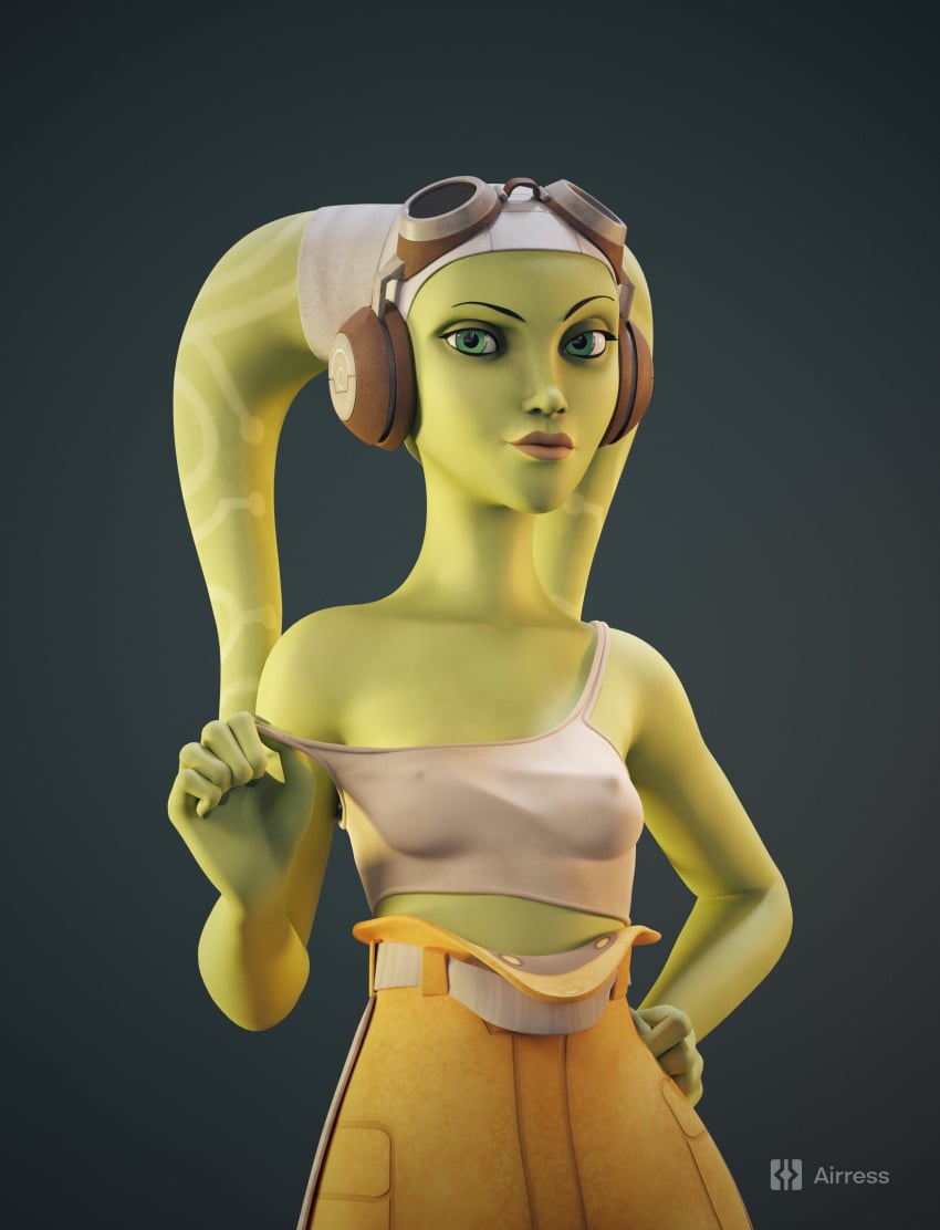 1girls 3d airress3d airress3d_(3d-modeller) alien alien_girl alien_humanoid areolae blender breasts clothed clothing goggles goggles_on_head green_body green_eyes green_skin headwear hera_syndulla highres lekku lekku_(anatomy) looking_at_viewer lucasfilm medium_breasts nipples nipples_visible_through_clothing presenting presenting_breasts shirt simple_background small_breasts smile smiling smirk smirking solo solo_focus standing star_wars star_wars_rebels tank_top teasing teasing_viewer twi'lek watermark