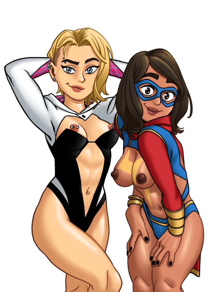 2girls bleepideeboop blonde_hair blue_eyes bracelets brown_eyes brown_hair brown_skin dark-skinned_female dark_nipples ear_piercing exposed_breasts eyebrow_piercing eyemask gwen_stacy kamala_khan light-skinned_female long_hair looking_at_viewer marvel marvel_comics modified_costume ms._marvel multiple_girls nipple_piercing nipples scarf short_hair slutty_outfit spider-gwen white_background