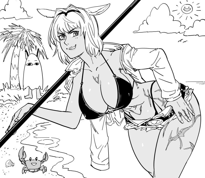 absurdres animal_ears bb_(baalbuddy) beach bikini black_bikini breasts caenis_(fate) caenis_(swimsuit_rider)_(fate) cleavage crab denim denim_shorts fate/grand_order fate_(series) female greyscale hand_on_own_hip highres holding holding_polearm holding_weapon jacket jacket_partially_removed large_breasts medjed_(fate) monochrome open_clothes open_jacket polearm short_shorts shorts simple_background solo_focus spear swimsuit tattoo weapon white_background