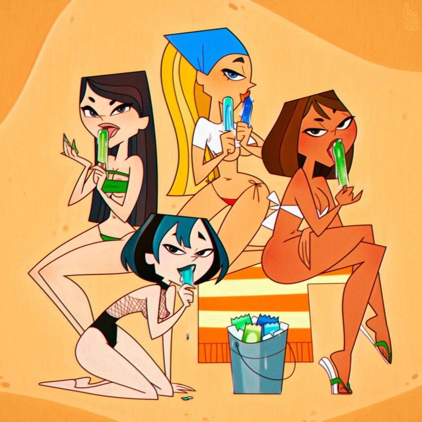 4girls areolae barefoot big_breasts bikini black_eyes black_hair blonde_hair blue_eyes breasts brown_eyes brown_hair busty chizu_ps_(artist) cleavage cleavage_cutout courtney_(tdi) crop_top dark-skinned_female dark_skin female female_focus female_only full_body green_hair gwen_(tdi) hair_ornament headwear heather_(tdi) hourglass_figure kneeling licking licking_popsicle light-skinned_female light_skin lindsay_(tdi) lipstick long_hair makeup multiple_girls navel nipples pale-skinned_female pale_skin popsicle sandals see-through short_hair sitting skimpy skimpy_clothes small_breasts sucking sucking_popsicle suggestive suggestive_gesture suggestive_look swimsuit tagme tan tan_body tan_skin total_drama_island two_tone_hair underboob wide_hips