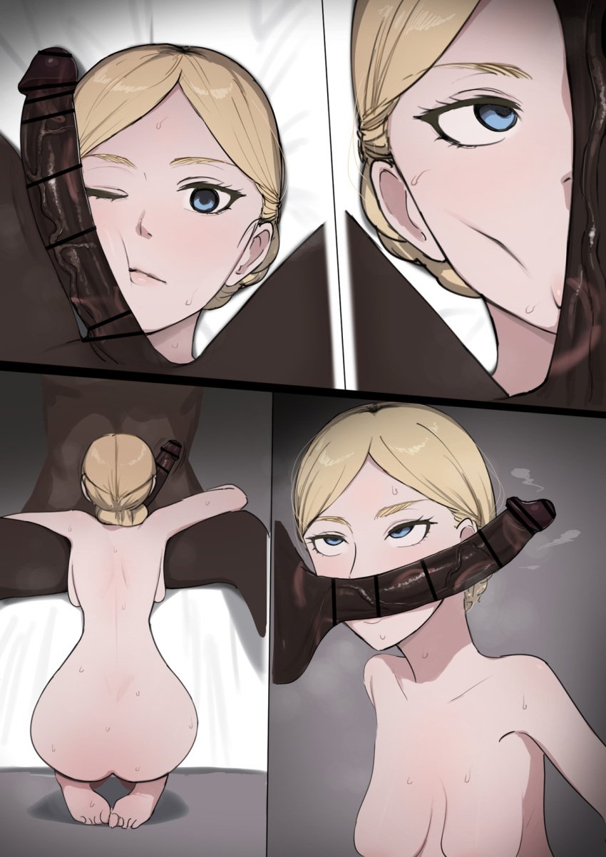 attack_on_titan blonde_female blonde_hair blowjob censored cock_hungry dark-skinned_male fellatio giga historia_reiss interracial kiss_mark kneeling_female large_penis light-skinned_female looking_at_another penis queen royal royalty size_difference sucking_penis white_skinned_female