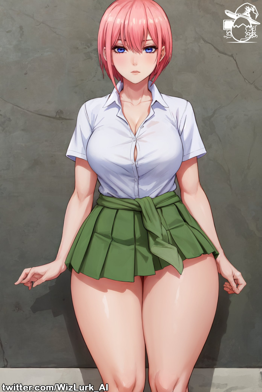 ai_generated artist_name bangs blue_eyes blush breasts closed_mouth collarbone collared_shirt eyebrows_visible_through_hair female go-toubun_no_hanayome green_skirt hair_between_eyes large_breasts looking_at_viewer nakano_ichika pink_hair pleated_skirt school_uniform shirt short_hair short_sleeves skirt solo thighs white_shirt wizlurk_ai