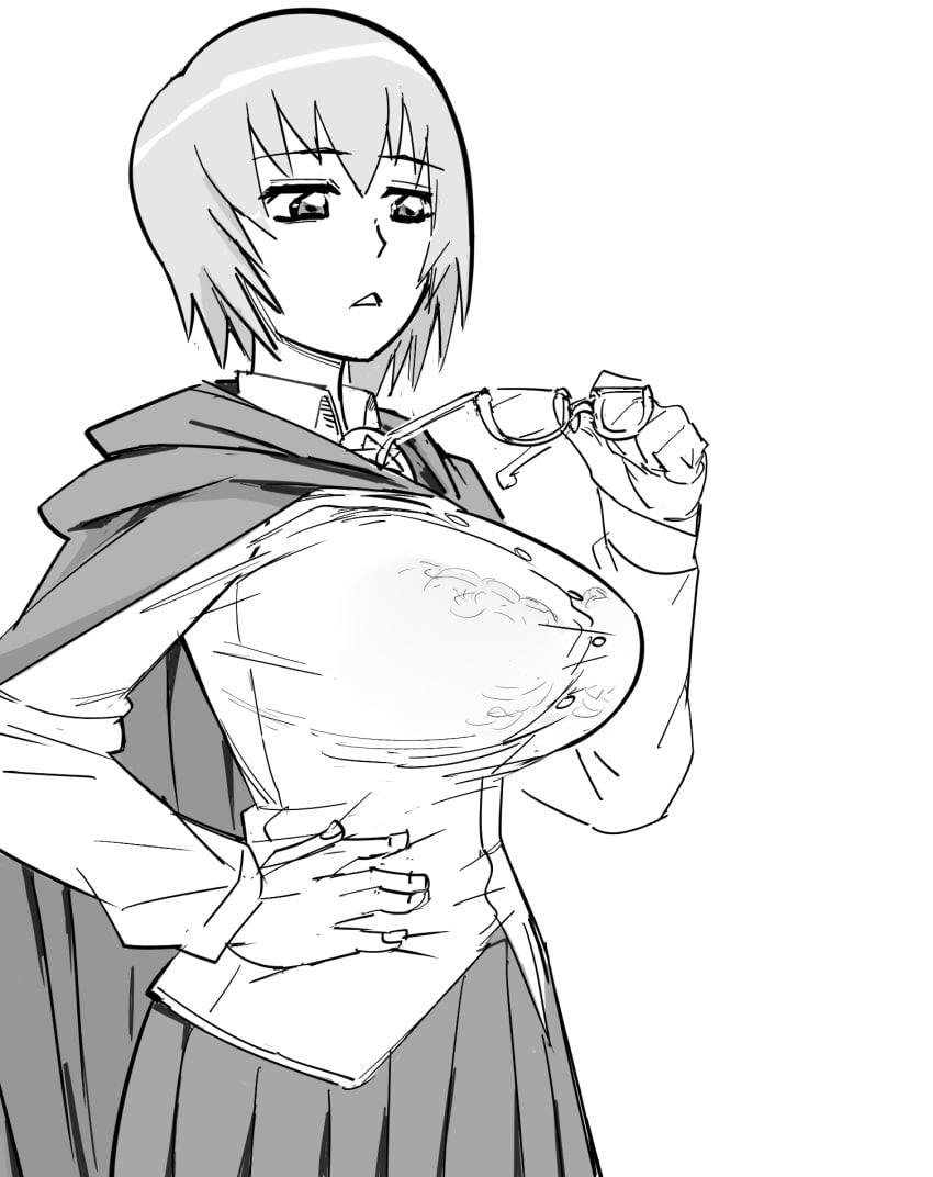 1girls alternate_breast_size bb_(baalbuddy) big_breasts bra breasts busty cloak glasses greyscale hand_on_own_hip highres large_breasts monochrome parted_lips pose posing school_uniform see-through sensual short_hair skirt solo tabitha underwear zero_no_tsukaima