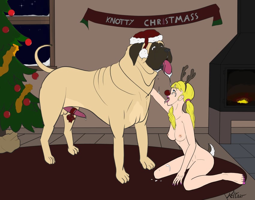 blonde_hair candy_keltaar canine christmas deer_girl domestic_dog drooling imminent_sex imminent_zoophilia implied_bestiality keltaar mastiff naked plug_tail santa_hat zoophilia