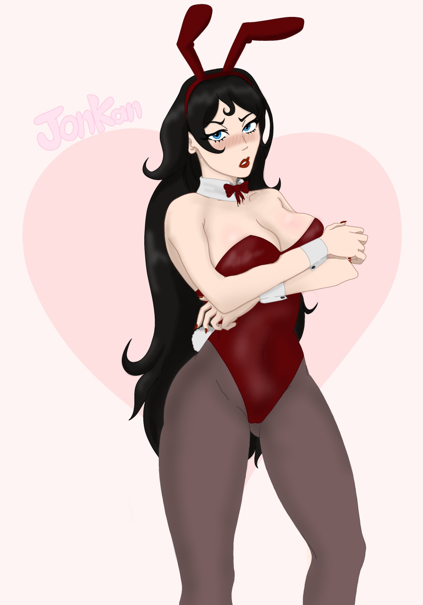 andromeda_katscov big_breasts black_hair blue_eyes bunny_costume bunny_ears bunny_girl bunnysuit fat_ass holding_breast jonkan large_breasts leggings oc red_lipstick red_nail_polish red_nails stockings supporting_breasts thick_legs thick_thighs tight_pussy tummy