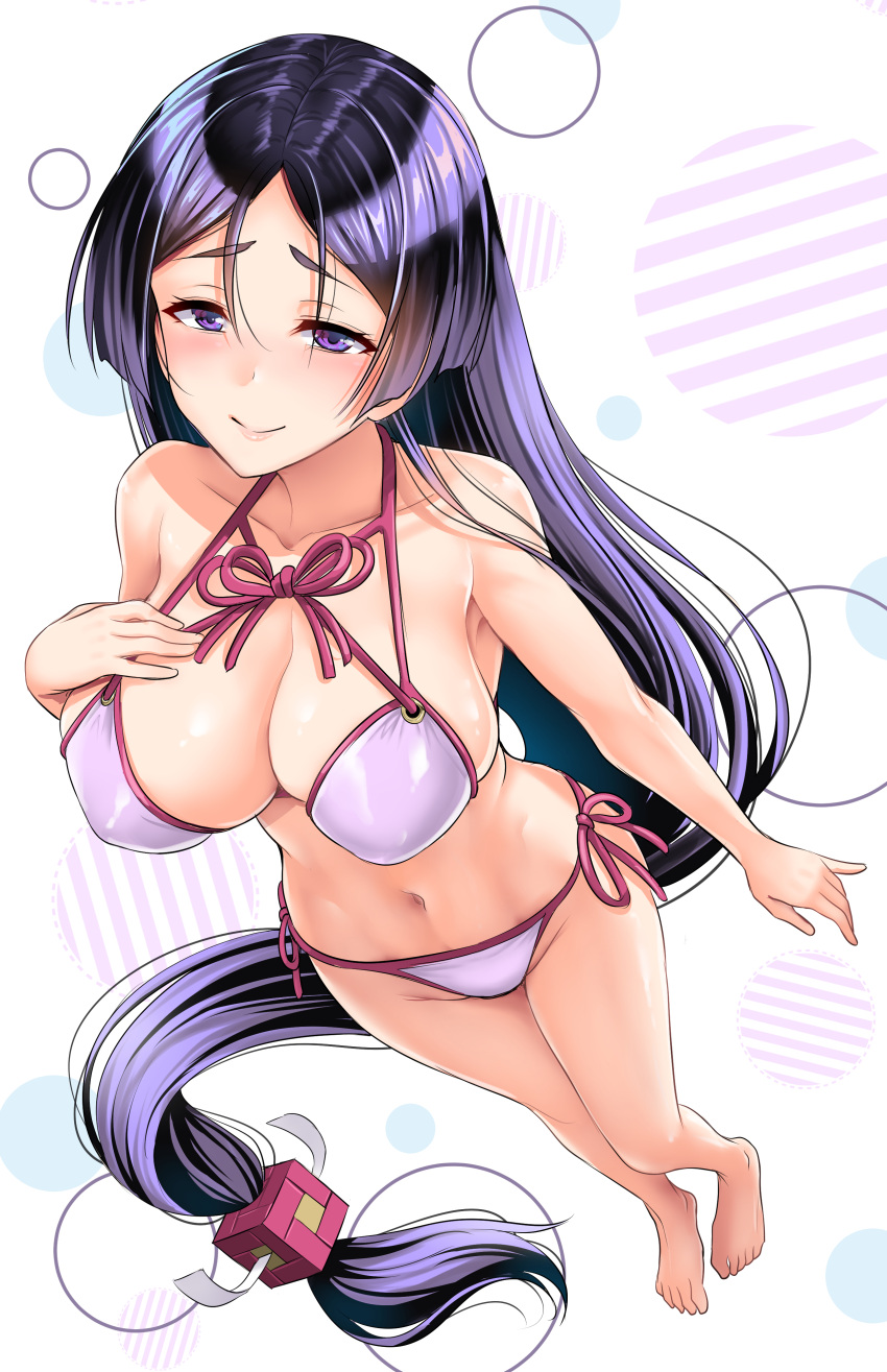 absurdres bikini breasts cleavage collarbone commentary_request curvy fate/grand_order fate_(series) female highres large_breasts long_hair looking_at_viewer low-tied_long_hair minamoto_no_raikou_(fate) navel purple_bikini purple_eyes purple_hair smile solo stomach string_bikini swimsuit very_long_hair youshuu