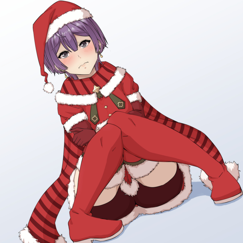 1girls alternate_costume ass bernadetta_von_varley bernadetta_von_varley_(winter) christmas christmas_headwear christmas_outfit earrings female female_only fire_emblem fire_emblem:_three_houses fire_emblem_heroes grey_eyes looking_at_viewer nintendo official_alternate_costume post-timeskip purple_hair sitting sitting_on_floor solo thighs zerocgm