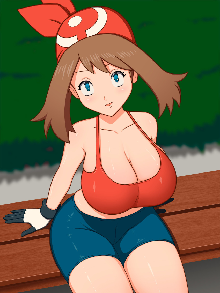 1girls alternate_costume big_breasts breasts busty cleavage huge_breasts large_breasts looking_at_viewer may_(pokemon) pokemon pokemon_rse sinfulline sitting wide_hips