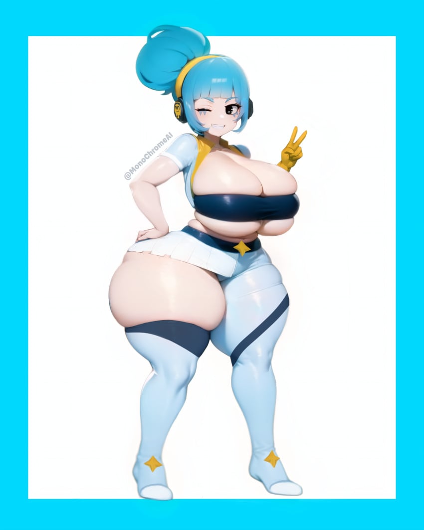 ai_assisted brawl_stars cyan_hair huge_ass huge_breasts janet_(brawl_stars) monkechrome monochrome_ai popstar_janet simple_background supercell wide_hips