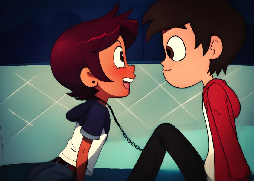 1boy ai_generated bedroom brown_hair chains choker female jeans_shorts luz_noceda marco_diaz meikerai3d purple_hair red_hoodie shirt sitting smile star_vs_the_forces_of_evil the_owl_house