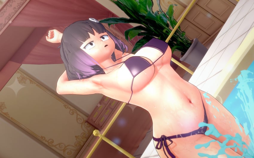 3d 3d_(artwork) arms_behind_back arms_behind_head ass big_ass big_breasts bikini bikini_bottom bikini_top black_eyes black_hair breasts hilda_(series) huge_ass huge_breasts kaisa_(hilda) koikatsu large_ass large_breasts navel pale-skinned_female pale_skin papaoso purple_bikini purple_bikini_bottom purple_bikini_top purple_hair short_hair stretch stretching thick thick_ass thick_body thick_breasts thick_butt thick_hips thick_legs thick_thighs thighs two_tone_hair voluptuous voluptuous_female wide_hips