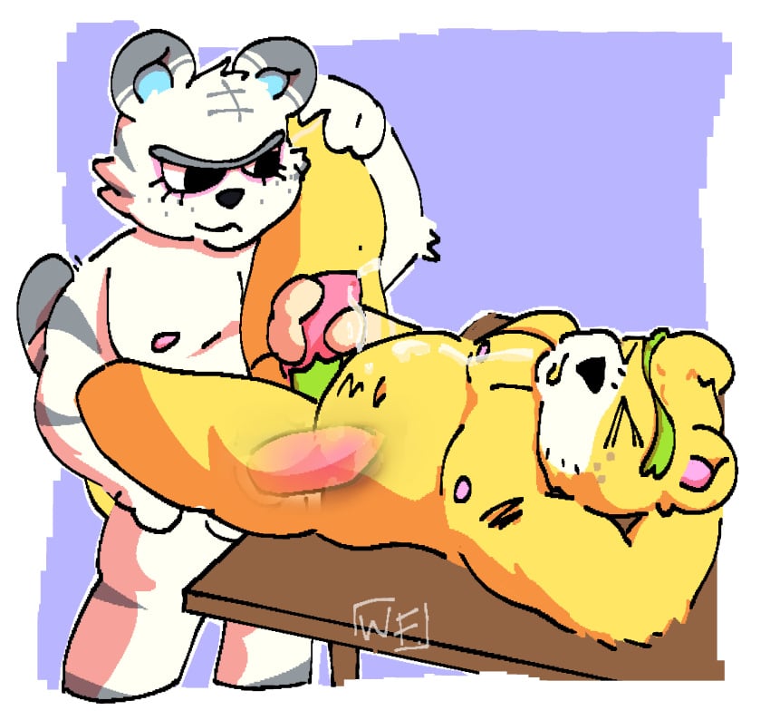 animal_crossing animal_genitalia animal_penis anthro bear chubby_male cum cum_inside furry furry_only gay nate_(animal_crossing) nintendo rolf_(animal_crossing) simple_background tiger