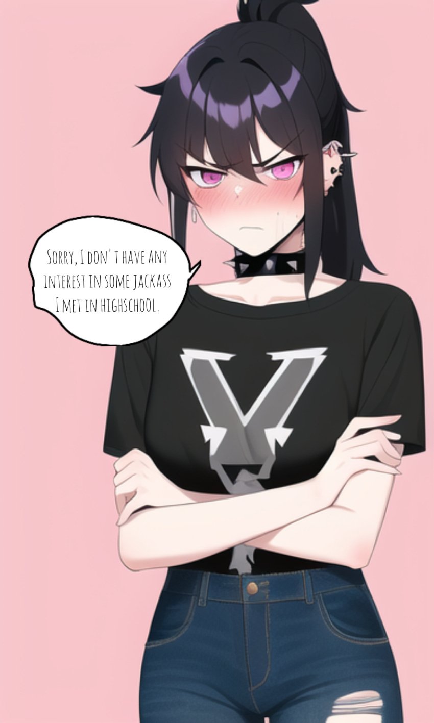 ai_generated annoyed before black_hair crossed_arms novelai pale-skinned_female pale_skin piercing pink_eyes ponytail pov punk punk_girl rejection vivienne_(xdk141) xdk141