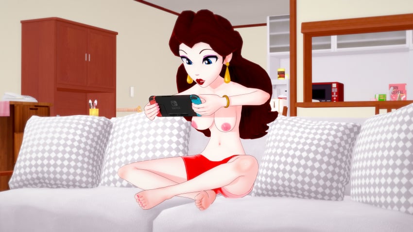 1girls 3d barefoot blue_eyes breasts brown_hair casual_nudity casual_topless couch earrings female female_only long_hair mario_(series) navel nintendo nintendo_switch nipples nonsexual_nudity pauline pauline_(mario) playing_videogame red_shorts retropunch shorts solo topless topless_female underwear