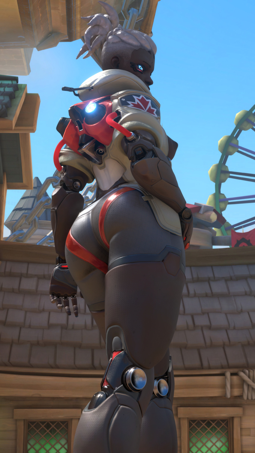 1girls 3d ass augmented_body blue_eyes breasts butt_crack cddvl dark-skinned_female dark_skin exposed_breasts female female_only girl glowing_eyes looking_at_viewer looking_back looking_down looking_down_at_viewer milf overwatch overwatch_2 pants ponytail robotic_arm robotic_legs robotic_limb showing_ass showing_off sojourn_(overwatch) solo variant_set white_hair