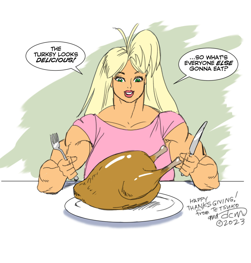 biceps big_breasts big_muscles blonde_hair breasts christmas dcmatthews female food green_eyes hair huge_breasts large_breasts large_muscles long_hair muscles muscular_arms muscular_female tetsuko thanksgiving turkey