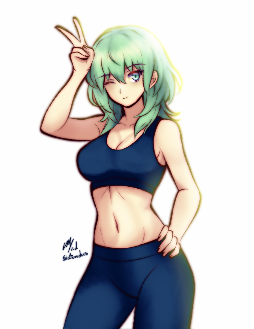 1girls abs armpits belly belly_button big_breasts blue_eyes byleth_(fire_emblem) byleth_(fire_emblem)_(female) female female_focus female_only fire_emblem fire_emblem:_three_houses fire_emblem_heroes green_hair leggings legs legwear long_hair peace_sign rotomdocs short_hair smile smiling smiling_at_viewer solo sport sports sports_bra sports_uniform sportswear stomach tank_top thick_thighs wink yoga_pants