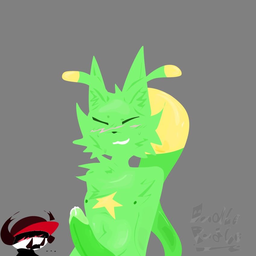 aged_up alien antennae big_penis big_tail cheek_tuft chest_tuft closed_eyes furry furry_male gnarpy green_background green_fur grin hands_behind_back head_tuft male_only naked penis precum precum_drip precum_on_penis regretevator roblox robloxian star_on_body sweat sweatdrop sweating thighs