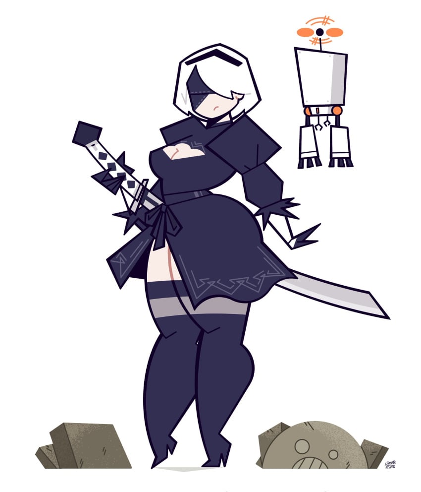 1girls blindfold breasts cleavage dress gloves goodbyellow headgear high_heel_boots high_heels holding_object long_sleeves nier:_automata robot sword tagme white_hair yorha_2b