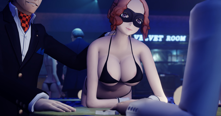 1girls 2boys 3d atlus big_breasts bikini breasts brown_hair happy haru_okumura huge_breasts kunikazu_okumura mask masked_female on_table partially_nude persona persona_5 purple_eyes rbf7 skimpy skimpy_bikini underwear underwear_only