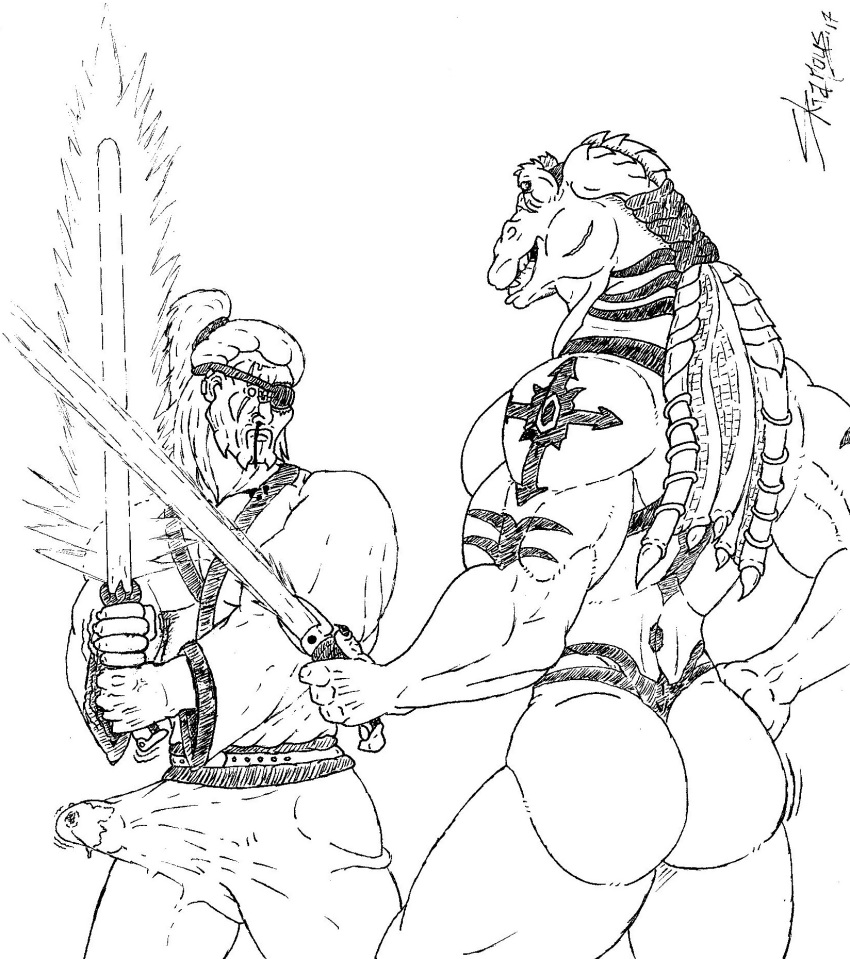 2boys aroused ass blood bubble_butt bulge darth_arkam erection eye_patch eyewear gadnek_tarpals grin gungan huge_cock lightsaber male muscle_tone muscular nosebleed precum sith sketch skianous_(artist) smile star_wars tattoo tattoos yaoi