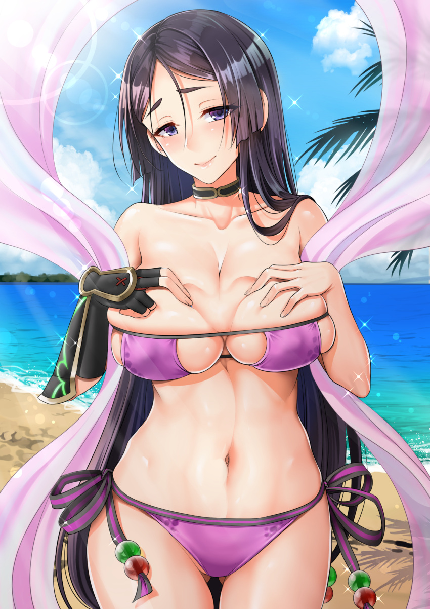 bare_shoulders beach beads bikini black_gloves blue_sky blush breasts choker cleavage closed_mouth collarbone commentary_request day elbow_gloves eyepatch_bikini fate/grand_order fate_(series) female fingerless_gloves gloves hair_between_eyes hands_on_own_chest highres large_breasts long_hair looking_at_viewer minamoto_no_raikou_(fate) minamoto_no_raikou_(fate/grand_order) minamoto_no_raikou_(swimsuit_lancer)_(fate) minamoto_no_raikou_(swimsuit_lancer)_(third_ascension)_(fate) navel ocean outdoors palm_tree parted_bangs purple_bikini purple_eyes purple_hair sash single_elbow_glove single_glove sky smile solo sparkle swimsuit thighs tree very_long_hair youshuu