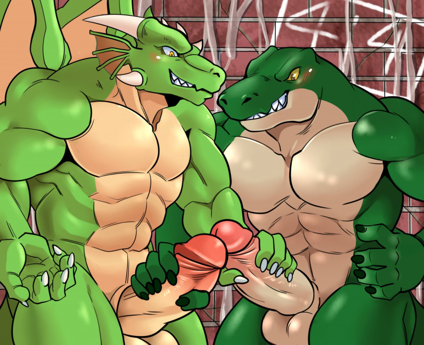 2017 abs alternate_version_available anthro balls biceps blush blushing claws crocodile crocodilian dragon duo eye_contact fin frottage hand_on_penis horn male mayar muscular muscular_male nails navel nude pecs penis reptile romantic_couple scalie sex smile spikes teeth underax wings yaoi