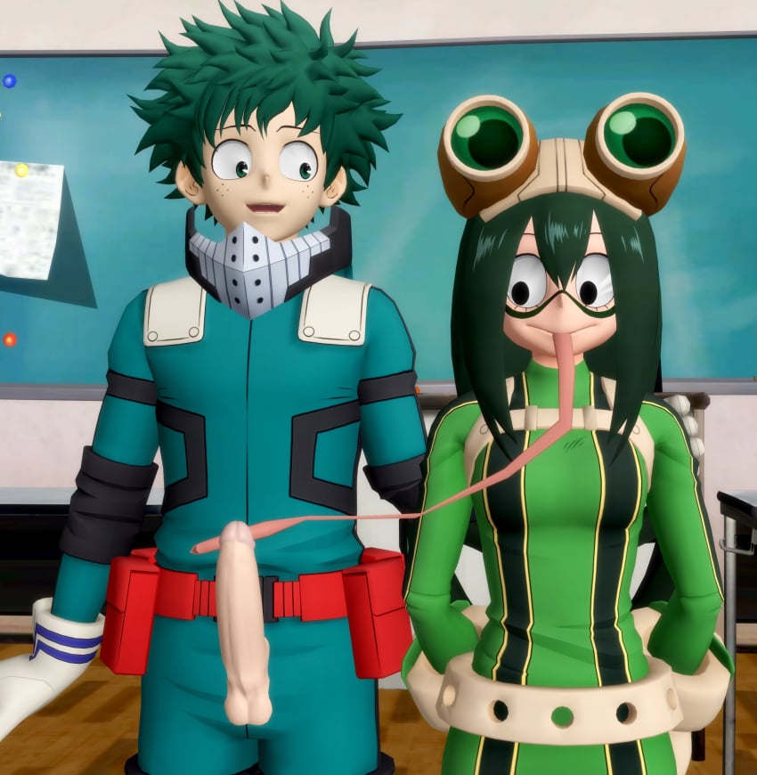 1boy 1boy1girl 1girls 3d asui_tsuyu balls big_breasts big_penis boku_no_hero_academia breasts classroom clothed clothing deku erect_penis erection green_eyes green_hair hair_between_eyes hero_outfit_(mha) huge_cock huge_penis imminent_oral izuku_midoriya long_hair long_penis long_tongue messy_hair midoriya_izuku my_hero_academia penis penis_in_pussy testicles tsuyu_asui very_long_tongue xnalara