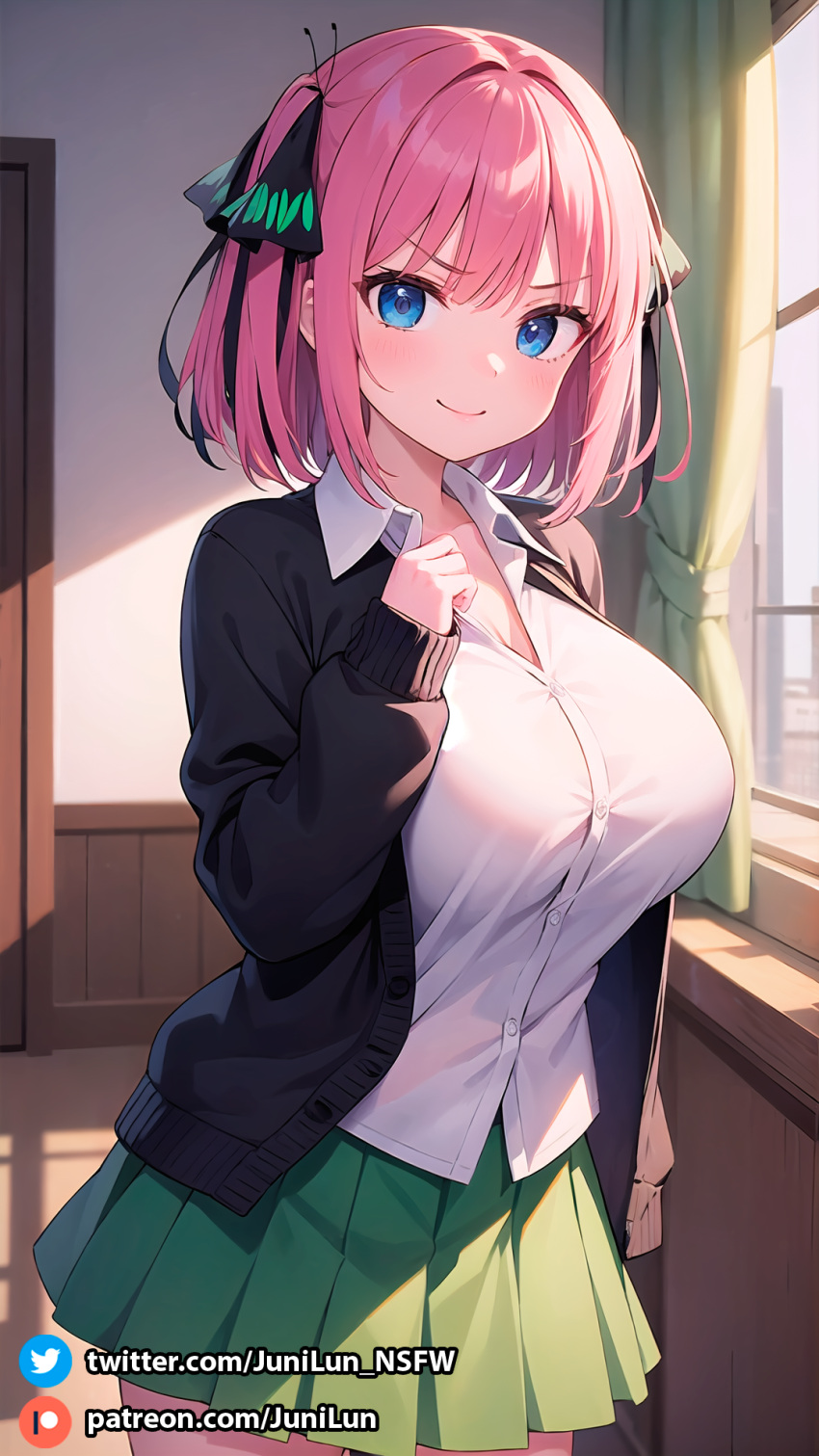 1girls ai_generated angry ass background blush breasts cute eyebrows eyebrows_visible_through_hair eyelashes female female_focus female_only front_view go-toubun_no_hanayome hair_accessory hair_between_eyes hair_ornament hi_res highres huge_ass huge_breasts indoors jacket junilun_nsfw light-skinned_female light_skin looking_at_viewer nakano_nino patreon patreon_username pink_hair presenting presenting_breasts room school school_uniform schoolgirl short_hair skirt smile solo solo_female solo_focus stable_diffusion standing tagme thick_thighs thighs white_shirt