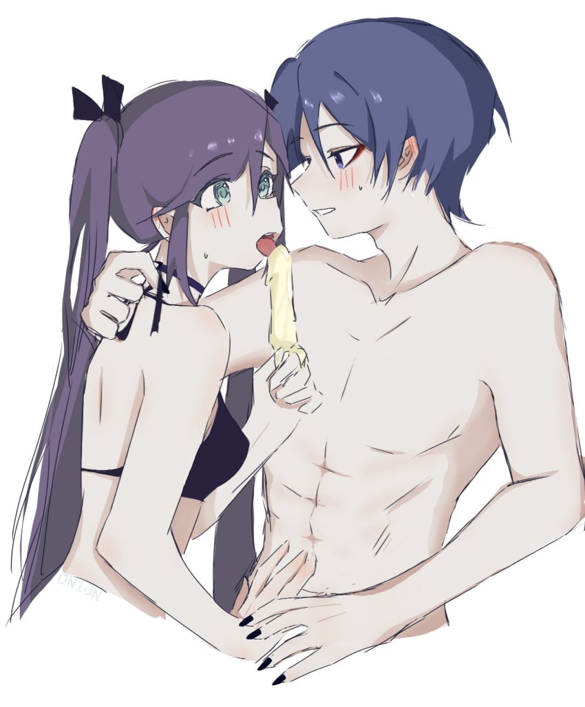 bikini bikini_pull bikini_top blue_eyes blue_hair blush genshin_impact green_eyes ice_cream licking_ice_cream male_with_painted_nails mona_(genshin_impact) purple_hair scaramouche_(genshin_impact) straight tongue_out