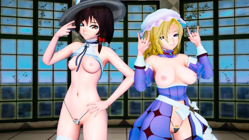 2girls 3d 3d_(artwork) alternate_version_at_source alternate_version_available asawa barely_clothed black_panties blonde_hair blonde_pubic_hair breasts breasts_out brown_hair brown_pubic_hair completely_nude exposed female full_frontal_nudity hat large_breasts maribel_hearn medium_breasts midriff mikumikudance mmd nipples no_bra nude_female panties_only peace_sign pink_eyes pink_nipples red_eyes renko_usami showing_off sign_of_the_horns skimpy skimpy_panties string_panties topless touhou underwear