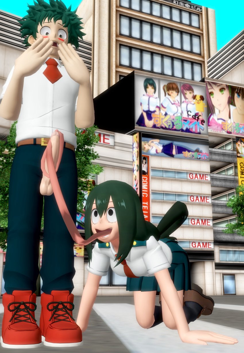 1boy 1boy1girl 1girls 3d asui_tsuyu balls big_breasts big_penis blush boku_no_hero_academia breasts clothed clothing completely_nude erect_penis erection female green_eyes green_hair huge_breasts huge_cock izuku_midoriya long_hair long_tongue looking_at_penis male male/female midoriya_izuku my_hero_academia penis testicles tongue tongue_around_penis tongue_out tonguejob tsuyu_asui very_long_tongue xnalara