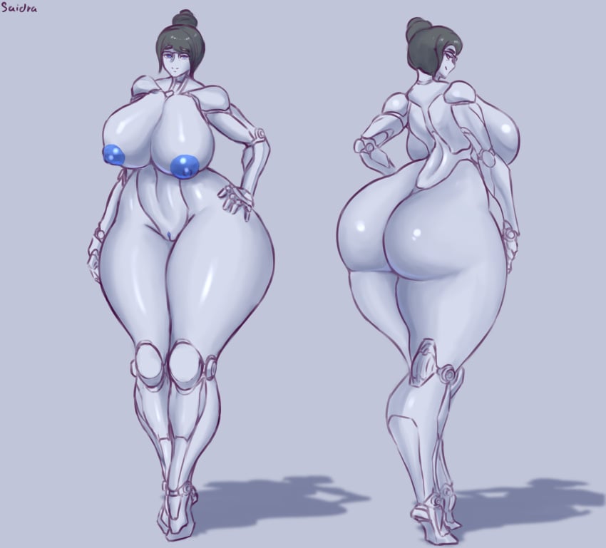 absurd_res areola ass big_breasts big_butt biped breasts female genitals hair hi_res humanoid machine mature_female nipples not_furry nude pussy robot robot_humanoid saidra shadow simple_background solo thick_thighs wide_hips