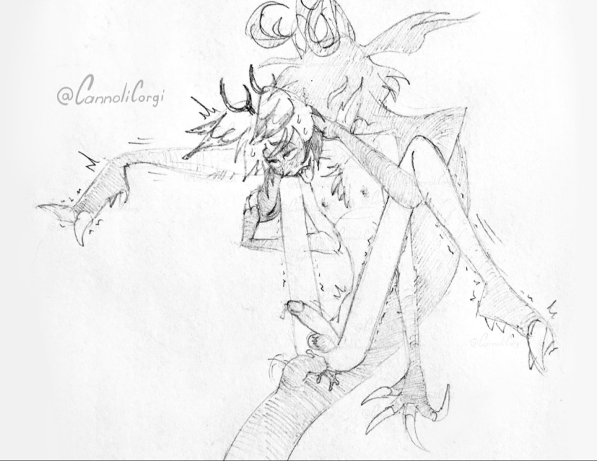 alastor_(hazbin_hotel) anal_sex anal_sex blush cannolicorgi feet full_nelson gay_sex hazbin_hotel hooved_toes hooves living_shadow shadow shaking sketch tongue