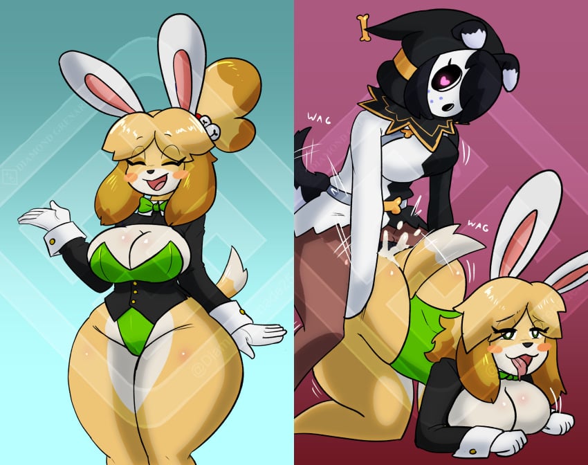 <3_eyes ambiguous_penetration animal_crossing animal_humanoid anthro big_breasts bow_tie breasts canid canid_humanoid canine canine_humanoid canis clothed clothing diamond_grenadier dog_humanoid doggy_style domestic_dog duo fake_ears fake_rabbit_ears female from_behind_position gynomorph heart hi_res humanoid intersex intersex/female isabelle_(animal_crossing) loose_hair mammal mammal_humanoid mario_(series) nintendo penetration sex shy_guy skimpy tail tail_motion tailwag thick_thighs wide_hips