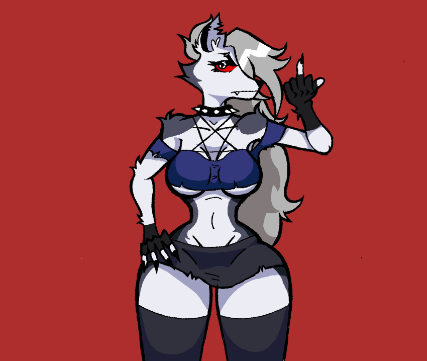 1girls 2023 anthro big_breasts black_gloves black_nails black_nose clothed clothed_female clothing female_anthro furry gloves grey_hair hair hand_on_hip hand_up handwear helluva_boss huge_thighs legwear long_hair looking_at_viewer loona_(helluva_boss) middle_finger nails neckwear oerba_yun_fang pointing_at_viewer red_background red_eyes sharp_nails sharp_teeth short_skirt simple_background solo solo_female solo_focus teeth white_eyes white_fingers white_fur wirecy