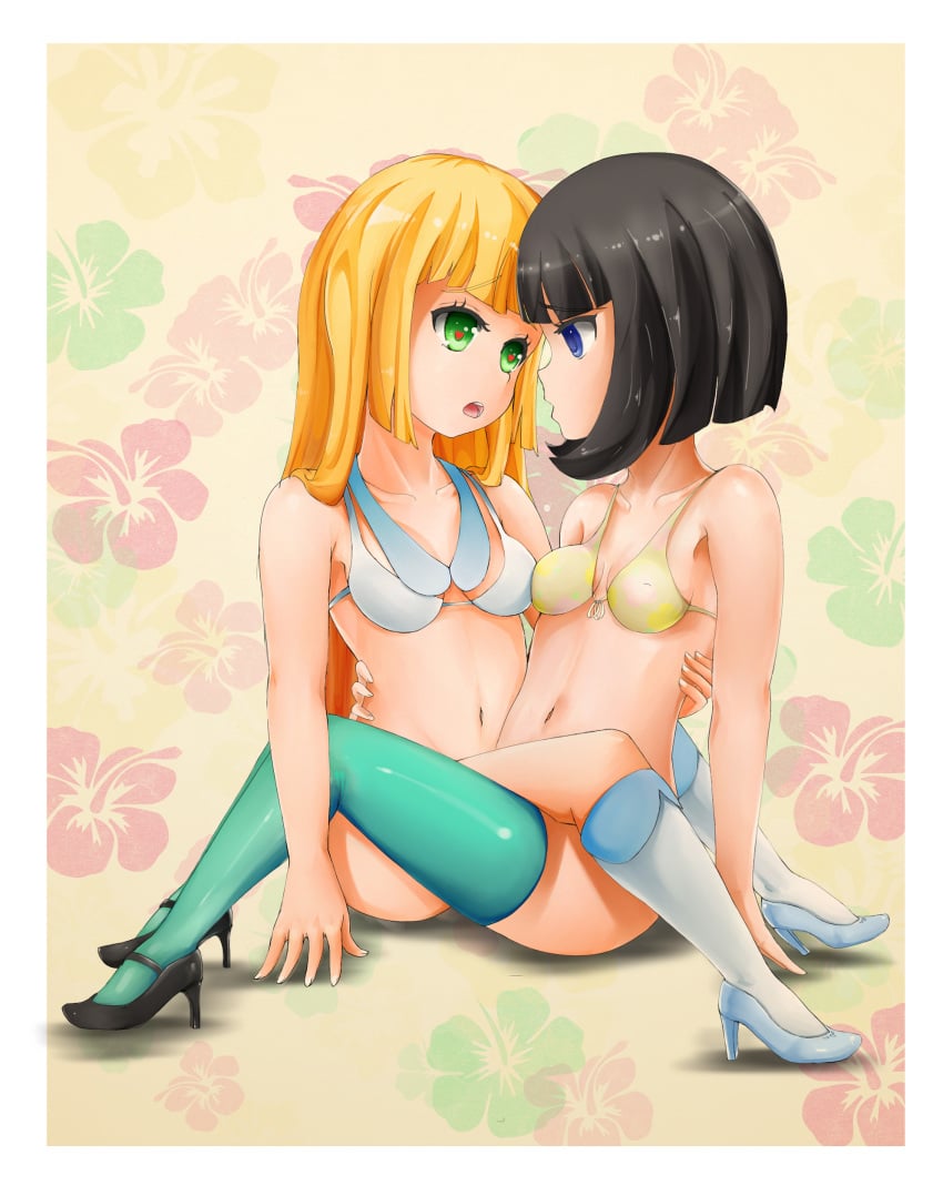 2girls ass bare_shoulders belly bikini black_hair blonde_hair blue_eyes boots bottomless bra braid breasts cleavage dpannkaka eye_contact eyelashes female_only green_eyes heart heart-shaped_pupils high_heels holding human human_only lillie_(pokemon) long_hair masturbation multiple_girls mutual_masturbation navel nintendo nude open_mouth pannkaka666 pokemon pokemon_sm selene_(pokemon) shoes short_hair sitting spread_legs teeth thighhighs tied_hair tribadism white_border yuri