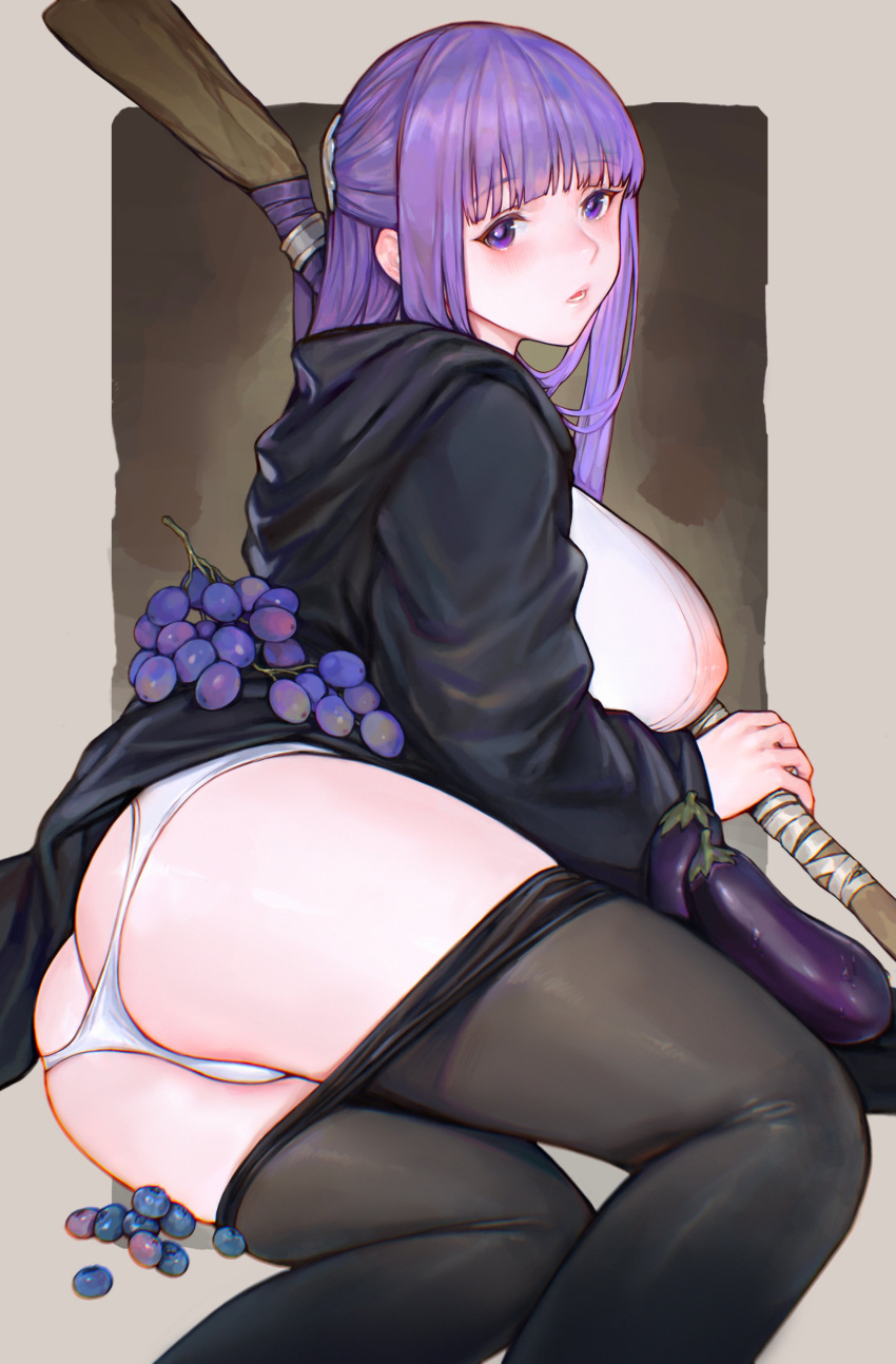 absurdres ass big_ass black_pantyhose blueberry_(not_the_fetish) blush breasts clothes_pull covered_nipples eggplant female fern_(sousou_no_frieren) food fruit grapes highres hime_cut hood hood_down iuui large_breasts long_hair looking_at_viewer nipples nipples_visible_through_clothing panties pantyhose pantyhose_pull purple_eyes purple_hair see-through see-through_clothing sousou_no_frieren underwear white_panties