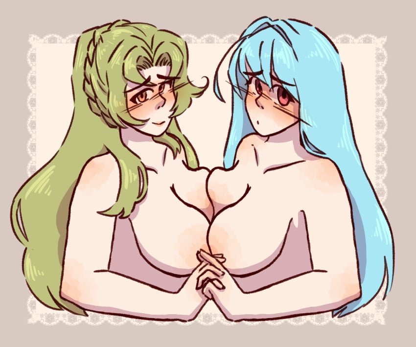 2girls blue_hair blush breasts commission elincia_ridell_crimea female female_only fire_emblem fire_emblem:_path_of_radiance fire_emblem:_the_blazing_blade green_hair holding_hands long_hair looking_at_viewer ninian_(fire_emblem) pinkblackcard symmetrical_docking yuri