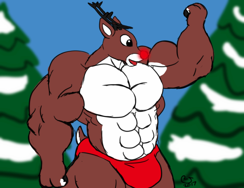 abs antlers biceps bulge caseyljones christmas deer male muscles muscular muscular_arms muscular_male pecs reindeer rudolph rudolph_the_red-nosed_reindeer speedo