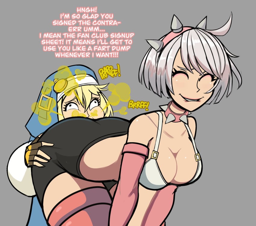 1boy 1girls ass ass_grab big_ass biting_lip black_shorts blonde_hair breasts bridget closed_eyes dialogue elphelt_valentine fart fart_cloud fart_fetish fart_torture farting farting_in_face farting_in_mouth farting_on_face farts female female_on_femboy femboy femdom guilty_gear lolotron6 neckwear onomatopoeia shorts text white_hair